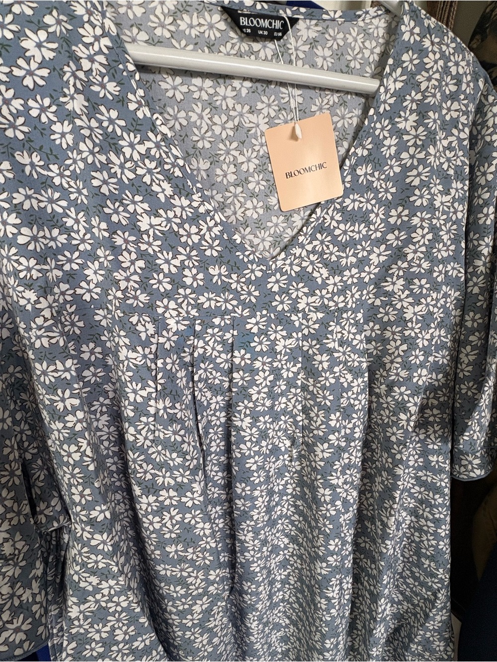 BloomChic Blue Floral V-Neck Dress with White Blossoms